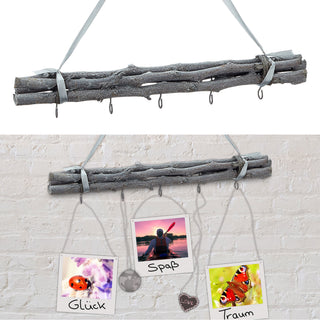 Dekostange Astbündel aus Birkenholz mit 5 Metalhaken 50cm Dekostange grau mit Juteseil