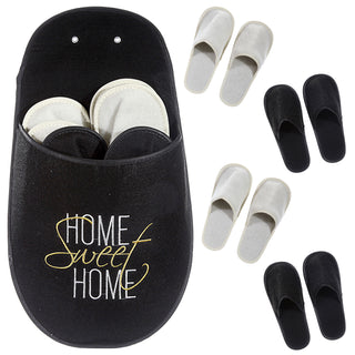 Gästepantoffelset 'Home sweet Home' 4 Paar verschiedenen Größen Aufbewahrungstasche Filz schwarz creme 30x53cm Hausschuhe Gästehausschuhe