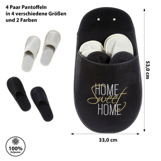 Gästepantoffelset 'Home sweet Home' 4 Paar verschiedenen Größen Aufbewahrungstasche Filz schwarz creme 30x53cm Hausschuhe Gästehausschuhe