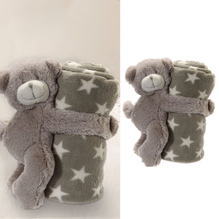 Plüschbär mit Babydecke 75x75cm grau Sternendecke Bär Kuschelbär Kuscheltier Stofftier Decke Plüschtier Plüschdecke Polyester