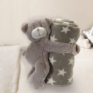 Plüschbär mit Babydecke 75x75cm grau Sternendecke Bär Kuschelbär Kuscheltier Stofftier Decke Plüschtier Plüschdecke Polyester