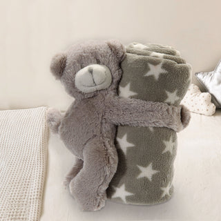 Plüschbär mit Babydecke 75x75cm grau Sternendecke Bär Kuschelbär Kuscheltier Stofftier Decke Plüschtier Plüschdecke Polyester