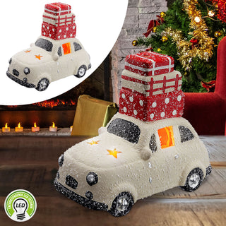 LED Windlicht Auto mit Geschenken 23x22x13cm Schneefinish Adventsdeko Leuchtauto Weihnachtsdeko Winterdesign