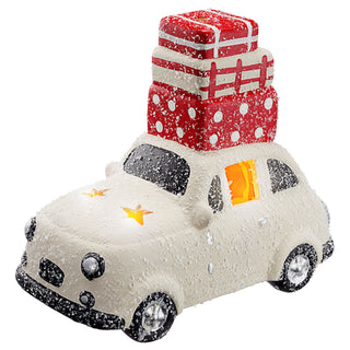 LED Windlicht Auto mit Geschenken 23x22x13cm Schneefinish Adventsdeko Leuchtauto Weihnachtsdeko Winterdesign