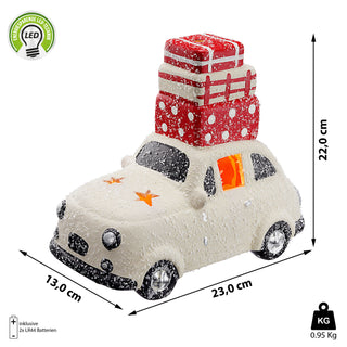 LED Windlicht Auto mit Geschenken 23x22x13cm Schneefinish Adventsdeko Leuchtauto Weihnachtsdeko Winterdesign