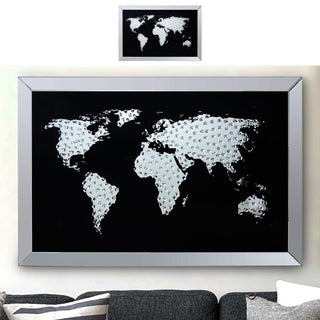 Bild Kristall Weltkarte 90x60cm Silberspiegel MDF Glaskristalle Wandspiegel Spiegel Wandbild Spiegelglas Wanddeko