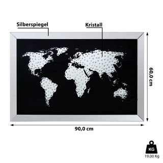 Bild Kristall Weltkarte 90x60cm Silberspiegel MDF Glaskristalle Wandspiegel Spiegel Wandbild Spiegelglas Wanddeko