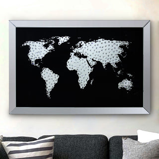 Bild Kristall Weltkarte 90x60cm Silberspiegel MDF Glaskristalle Wandspiegel Spiegel Wandbild Spiegelglas Wanddeko