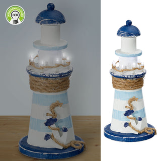 LED Deko Leuchtturm H22cm Holz Seil Muscheln Anker maritim Dekoration Leuchtfeuer Turm