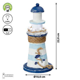 LED Deko Leuchtturm H22cm Holz Seil Muscheln Anker maritim Dekoration Leuchtfeuer Turm