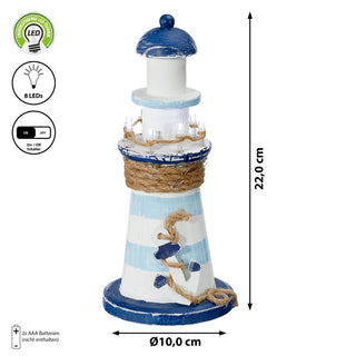 LED Deko Leuchtturm H22cm Holz Seil Muscheln Anker maritim Dekoration Leuchtfeuer Turm