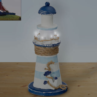 LED Deko Leuchtturm H22cm Holz Seil Muscheln Anker maritim Dekoration Leuchtfeuer Turm