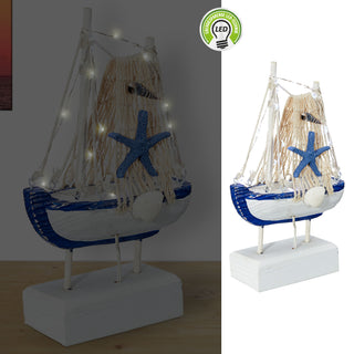 LED Dekoboot H22cm Fischerboot Schiff Boot Fischernetz Seestern Holzoptik An-/Ausschalter 12LEDs warmweiß