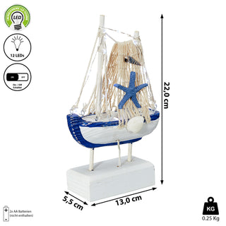 LED Dekoboot H22cm Fischerboot Schiff Boot Fischernetz Seestern Holzoptik An-/Ausschalter 12LEDs warmweiß