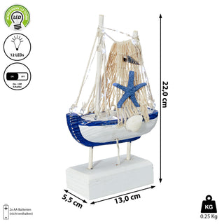 LED Dekoboot H22cm Fischerboot Schiff Boot Fischernetz Seestern Holzoptik An-/Ausschalter 12LEDs warmweiß