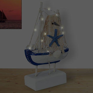 LED Dekoboot H22cm Fischerboot Schiff Boot Fischernetz Seestern Holzoptik An-/Ausschalter 12LEDs warmweiß