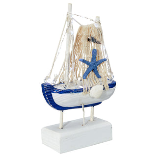 LED Dekoboot H22cm Fischerboot Schiff Boot Fischernetz Seestern Holzoptik An-/Ausschalter 12LEDs warmweiß