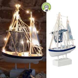 LED Fischkutter H32cm Fischerboot Schiff Boot Fischernetz Holzoptik An-/Ausschalter 22LEDs warmweiß