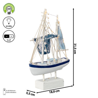 LED Fischkutter H32cm Fischerboot Schiff Boot Fischernetz Holzoptik An-/Ausschalter 22LEDs warmweiß