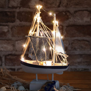 LED Fischkutter H32cm Fischerboot Schiff Boot Fischernetz Holzoptik An-/Ausschalter 22LEDs warmweiß