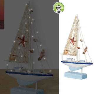 LED Segelboot auf Sockel H41cm Fischerboot Schiff Boot Fischernetz Seestern Holzoptik An-/Ausschalter 30LEDs warmweiß