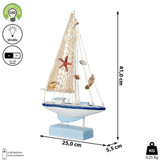 LED Segelboot auf Sockel H41cm Fischerboot Schiff Boot Fischernetz Seestern Holzoptik An-/Ausschalter 30LEDs warmweiß