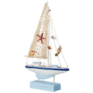 LED Segelboot auf Sockel H41cm Fischerboot Schiff Boot Fischernetz Seestern Holzoptik An-/Ausschalter 30LEDs warmweiß