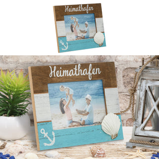 Bilderrahmen "Heimathafen" maritim 21x16x0,9cm Holzrahmen weiß blau natur Bildgröße15x10cm Anker Muschel