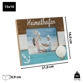 Bilderrahmen "Heimathafen" maritim 21x16x0,9cm Holzrahmen weiß blau natur Bildgröße15x10cm Anker Muschel