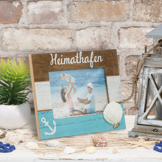 Bilderrahmen "Heimathafen" maritim 21x16x0,9cm Holzrahmen weiß blau natur Bildgröße15x10cm Anker Muschel