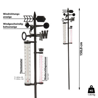 Garten Wetterstation Barometer Regenmesser Thermometer Windgeschwindigkeit 150cm