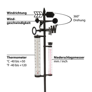 Garten Wetterstation Barometer Regenmesser Thermometer Windgeschwindigkeit 150cm