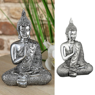 Buddha sitzend 12x17,5x7cm silber Polyresin Statue Skulptur Feng Shui Lotussitz Wohndeko Meditation