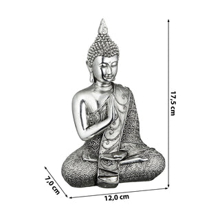 Buddha sitzend 12x17,5x7cm silber Polyresin Statue Skulptur Feng Shui Lotussitz Wohndeko Meditation