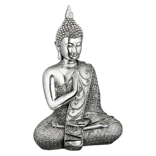 Buddha sitzend 12x17,5x7cm silber Polyresin Statue Skulptur Feng Shui Lotussitz Wohndeko Meditation