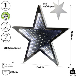 LED Stern Spiegeltunnel 60LEDs Glas Kunststoff 30x2cm batteriebetrieben kaltweiß Lichttunnel-Effekt Infinity-Stern Leuchtstern