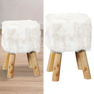 Fellhocker weiß rund 28x40cm Kiefer Polyester Schaumstoff Sitzhocker Fußhocker Kunstfell Dekohocker mit Holzfüssen