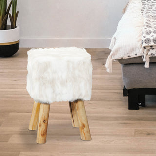 Fellhocker weiß rund 28x40cm Kiefer Polyester Schaumstoff Sitzhocker Fußhocker Kunstfell Dekohocker mit Holzfüssen