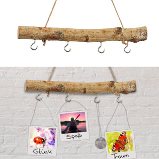 Dekostange aus Birkenholz mit 4 Metalhaken 30cm Dekostange naturfarben mit Juteseil