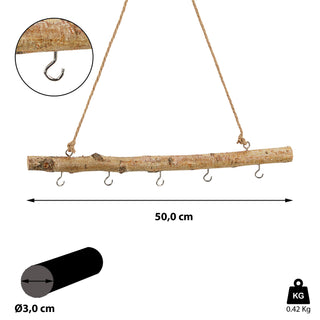 Deko-Holzstange 50 cm mit 5 Metallhaken DIY Birkenholz Dekostange Fensterdeko Deko Holz Stange zum Hängen mit Haken und Kordel Hängeast Treibholz Hänger Deko Zweige Türdeko Türhänger Fensterdeko Fensterhänger Türhänger