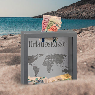 Spardose "Urlaubskasse" B14.5cm Sparbüchse Gelddose Bilderrahmen MDF Glas Geldgeschenk