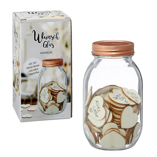 Wunschglas inkl. 100 Holz-Herzchen 17x9cm Hochzeit Gästebuch Geschenk