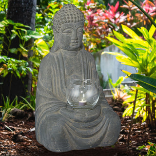 Buddha mit Windlicht sitzend grau H28cm Dekofigur Skulptur Statue Gartenfigur Feng Shui Teelichthalter
