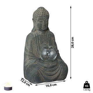 Buddha mit Windlicht sitzend grau H28cm Dekofigur Skulptur Statue Gartenfigur Feng Shui Teelichthalter