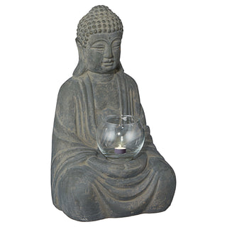 Buddha mit Windlicht sitzend grau H28cm Dekofigur Skulptur Statue Gartenfigur Feng Shui Teelichthalter