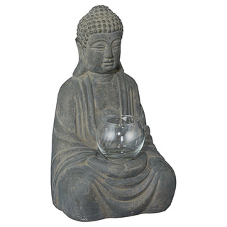 Buddha mit Windlicht sitzend grau H28cm Dekofigur Skulptur Statue Gartenfigur Feng Shui Teelichthalter