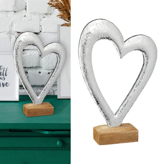 Dekoherz Herz Metalloptik in silber auf Holzsockel Skulptur Dekofigur