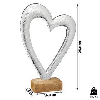Dekoherz Herz Metalloptik in silber auf Holzsockel Skulptur Dekofigur