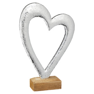 Dekoherz Herz Metalloptik in silber auf Holzsockel Skulptur Dekofigur