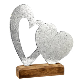 Deko Doppelherz auf Holzfuß silber 21cm Skulptur Tischdeko Hochzeit Polterabend